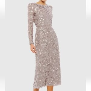 Mac Duggal 12 Light Purple Embellished High Neck Puffed Sleeve Midi Sheath Dress